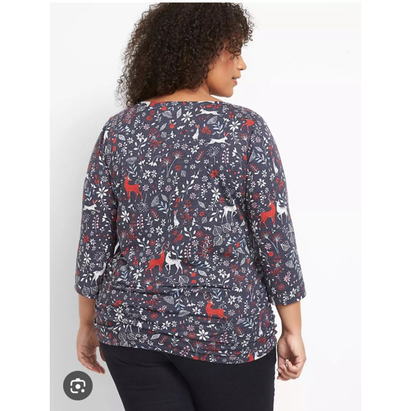 NWT 🔥 Lane Bryant V-neck 3/4 Sleeve Side Ruched Tee in Garden Animal Sz 26/28 - Picture 2 of 10